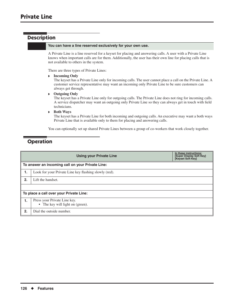 Private line, Description, Operation | NEC P/N 1093099 User Manual | Page 134 / 190