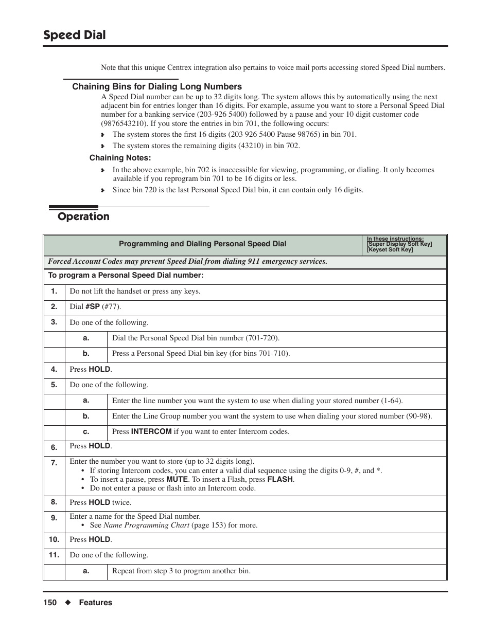 Chaining bins for dialing long numbers, Speed dial, Operation | NEC P/N 1093099 User Manual | Page 158 / 190