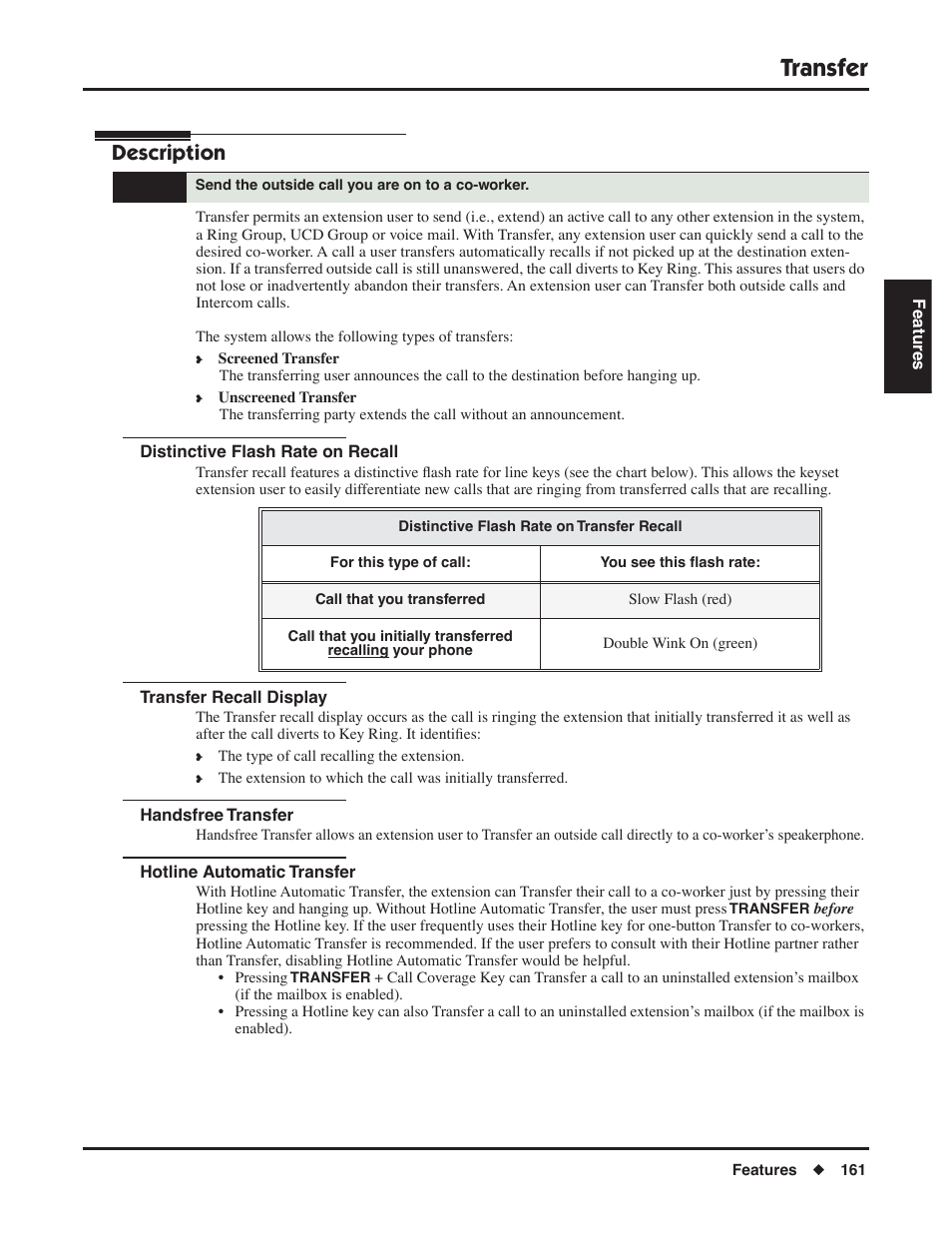 Transfer, Distinctive flash rate on recall, Transfer recall display | Handsfree transfer, Hotline automatic transfer, Description | NEC P/N 1093099 User Manual | Page 169 / 190
