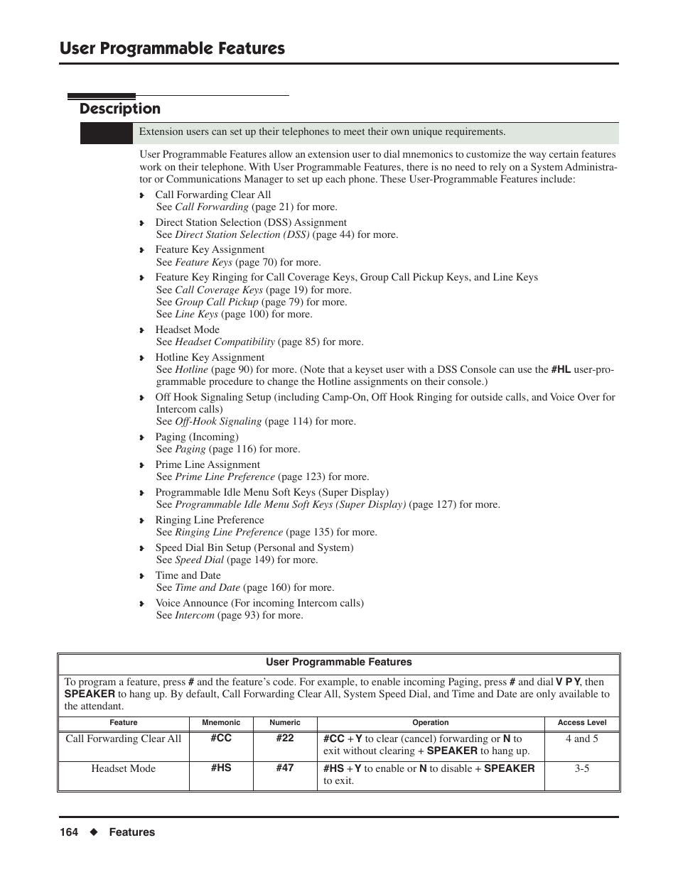 User programmable features, Description | NEC P/N 1093099 User Manual | Page 172 / 190