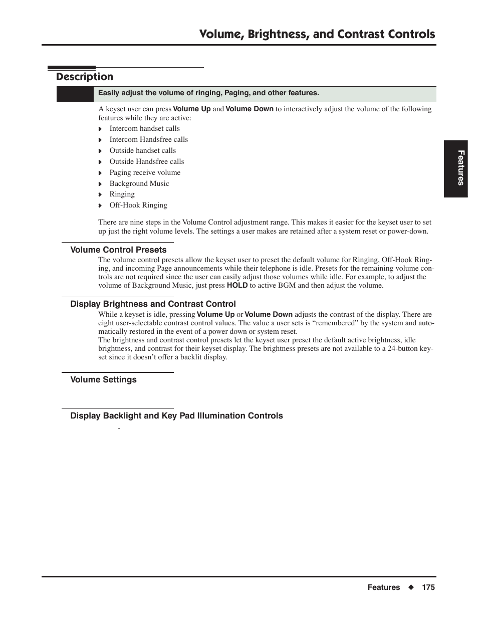 Volume, brightness, and contrast controls, Volume control presets, Display brightness and contrast control | Description | NEC P/N 1093099 User Manual | Page 183 / 190