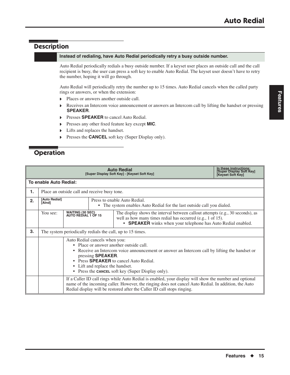 Auto redial, Description, Operation | NEC P/N 1093099 User Manual | Page 23 / 190