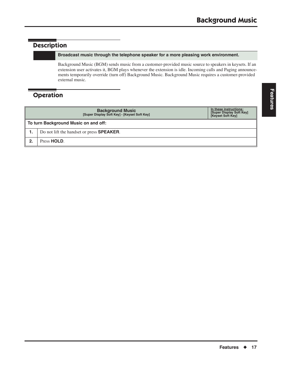 Background music, Description, Operation | NEC P/N 1093099 User Manual | Page 25 / 190