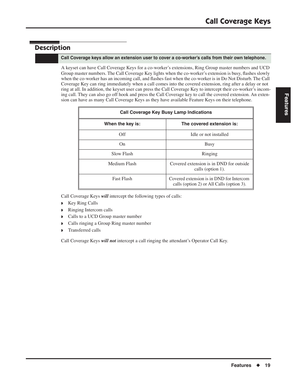 Call coverage keys, Description | NEC P/N 1093099 User Manual | Page 27 / 190