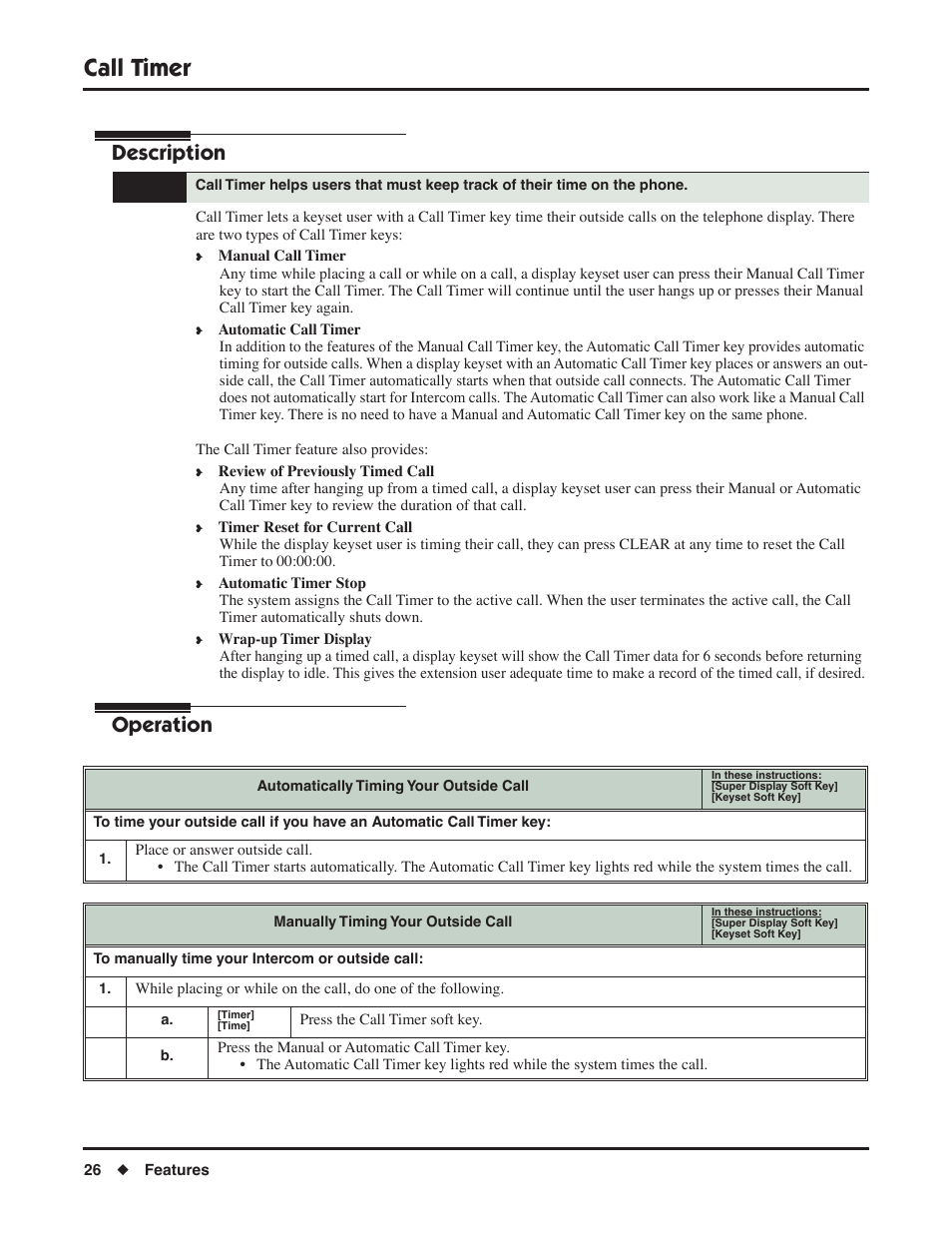 Call timer, Description, Operation | NEC P/N 1093099 User Manual | Page 34 / 190