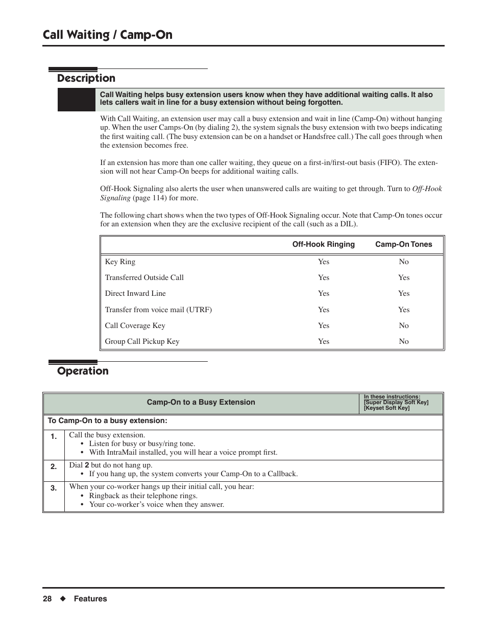 Call waiting / camp-on, Description, Operation | NEC P/N 1093099 User Manual | Page 36 / 190