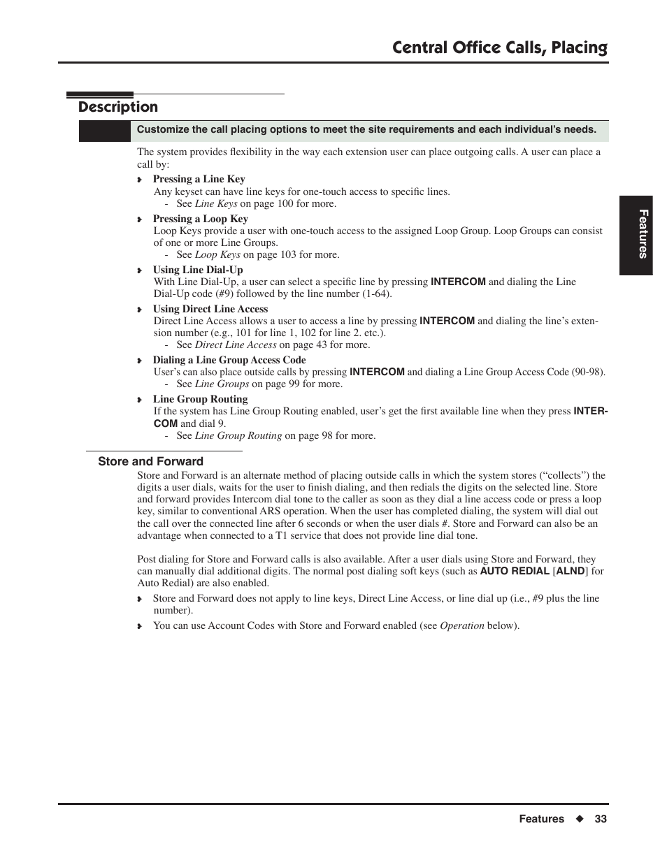 Central office calls, placing, Store and forward, Description | NEC P/N 1093099 User Manual | Page 41 / 190