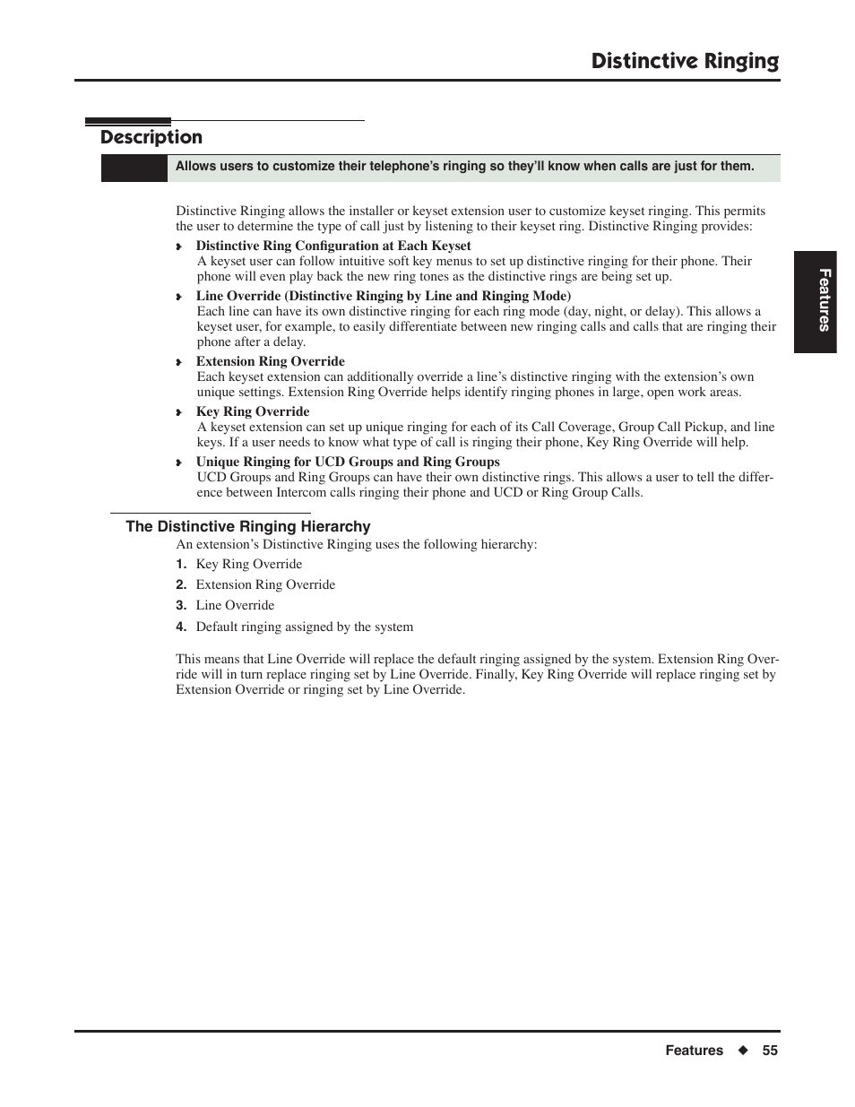 Distinctive ringing, The distinctive ringing hierarchy, Description | NEC P/N 1093099 User Manual | Page 63 / 190