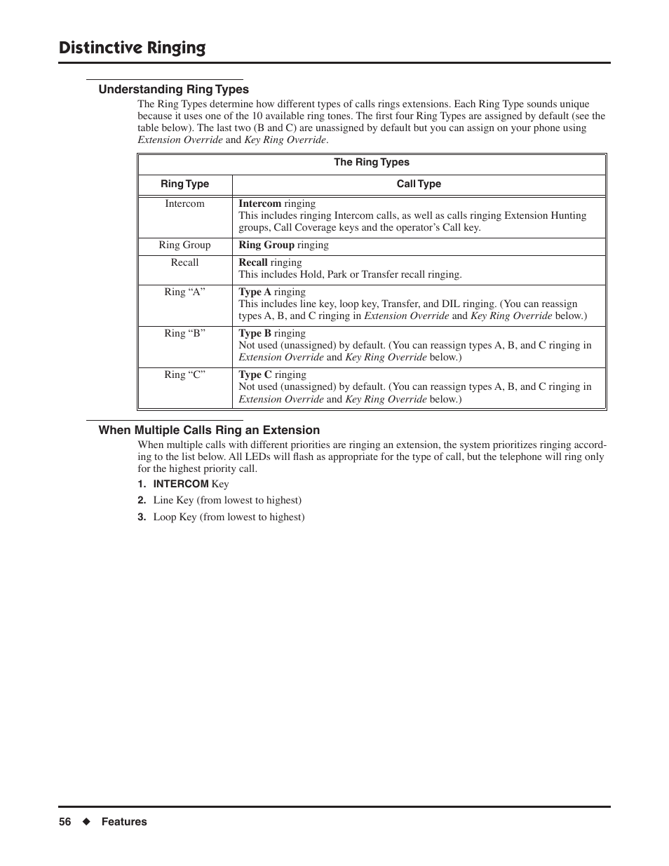 Understanding ring types, When multiple calls ring an extension, Distinctive ringing | NEC P/N 1093099 User Manual | Page 64 / 190