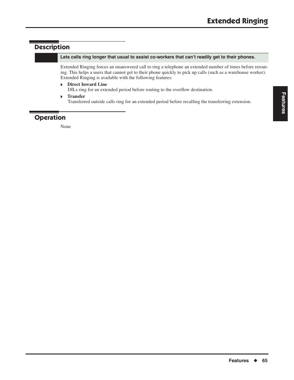 Extended ringing, Description, Operation | NEC P/N 1093099 User Manual | Page 73 / 190