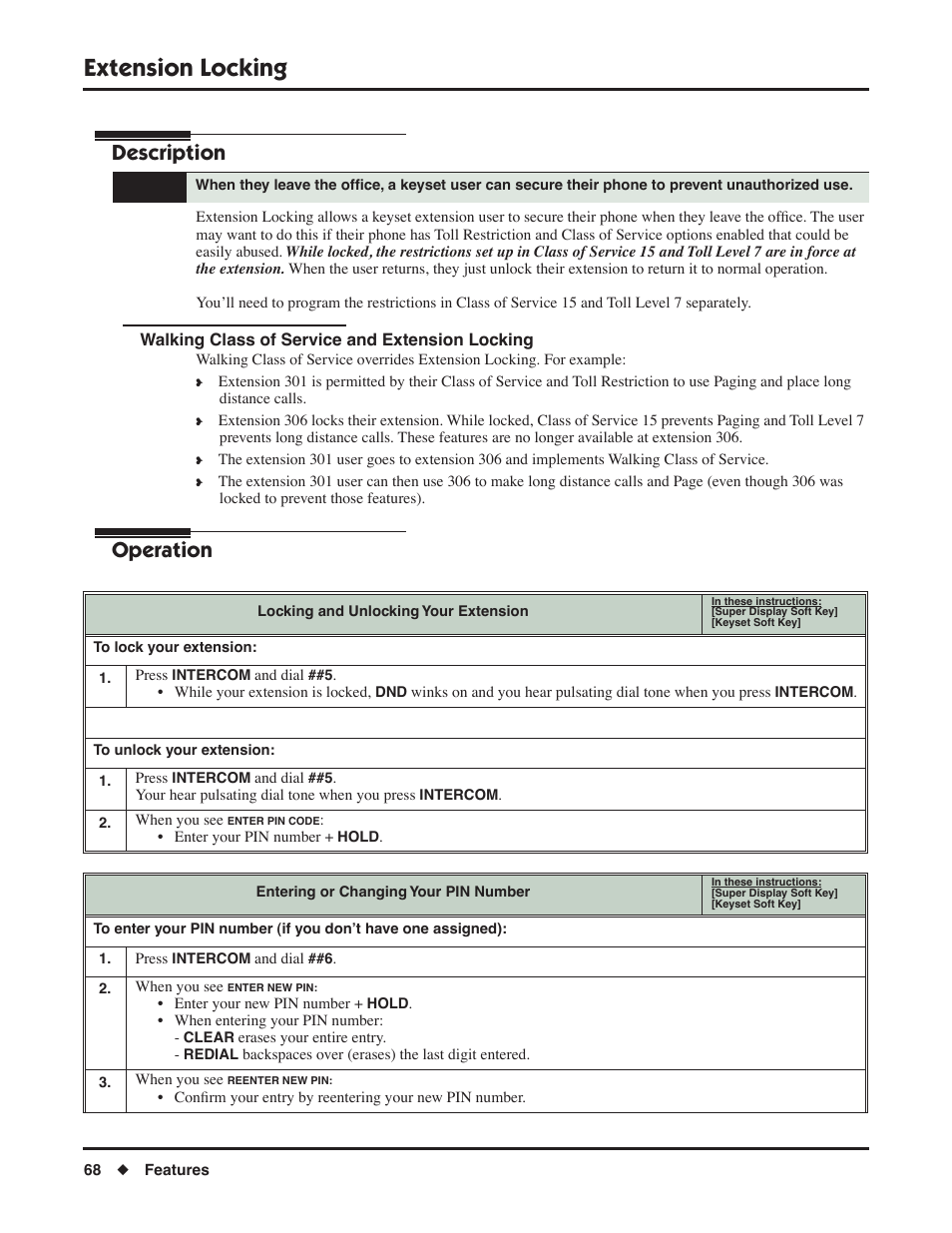 Extension locking, Walking class of service and extension locking, Description | Operation | NEC P/N 1093099 User Manual | Page 76 / 190