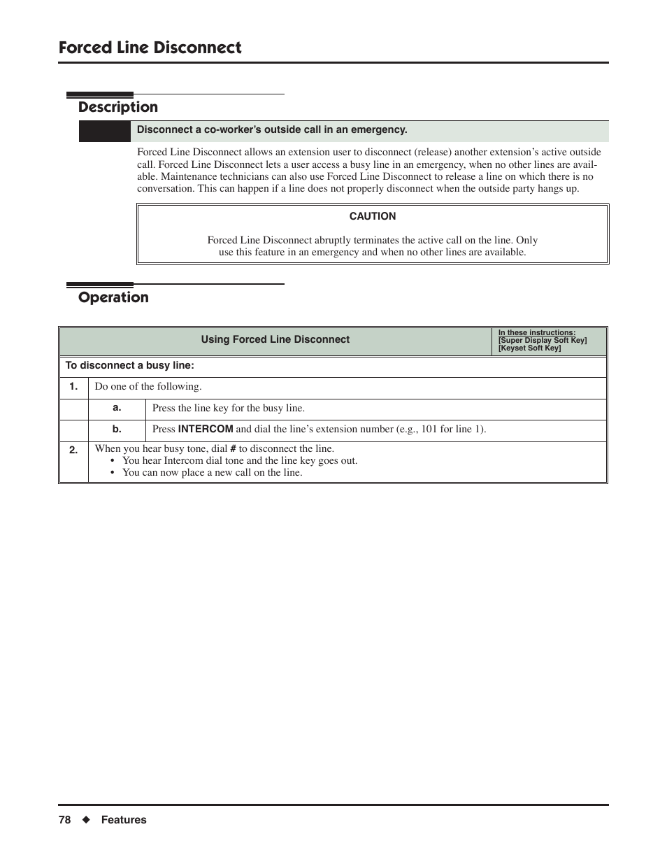 Forced line disconnect, Description, Operation | NEC P/N 1093099 User Manual | Page 86 / 190