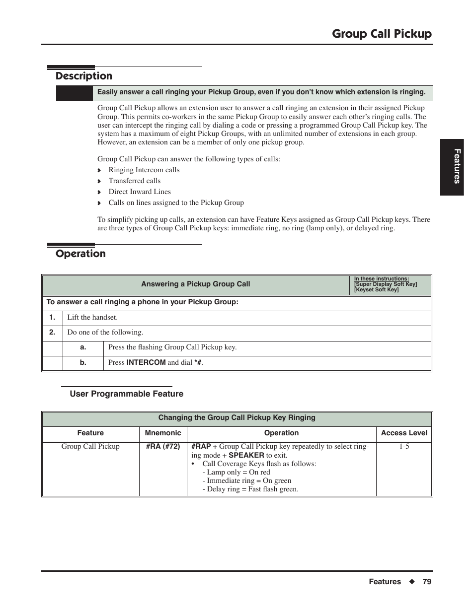 Group call pickup, User programmable feature, Description | Operation | NEC P/N 1093099 User Manual | Page 87 / 190