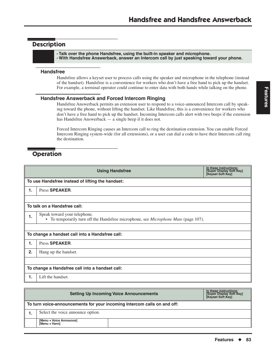 Handsfree and handsfree answerback, Handsfree, Handsfree answerback and forced intercom ringing | Description, Operation | NEC P/N 1093099 User Manual | Page 91 / 190