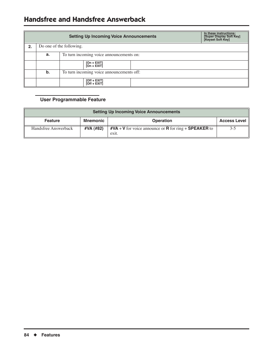 User programmable feature, Handsfree and handsfree answerback | NEC P/N 1093099 User Manual | Page 92 / 190