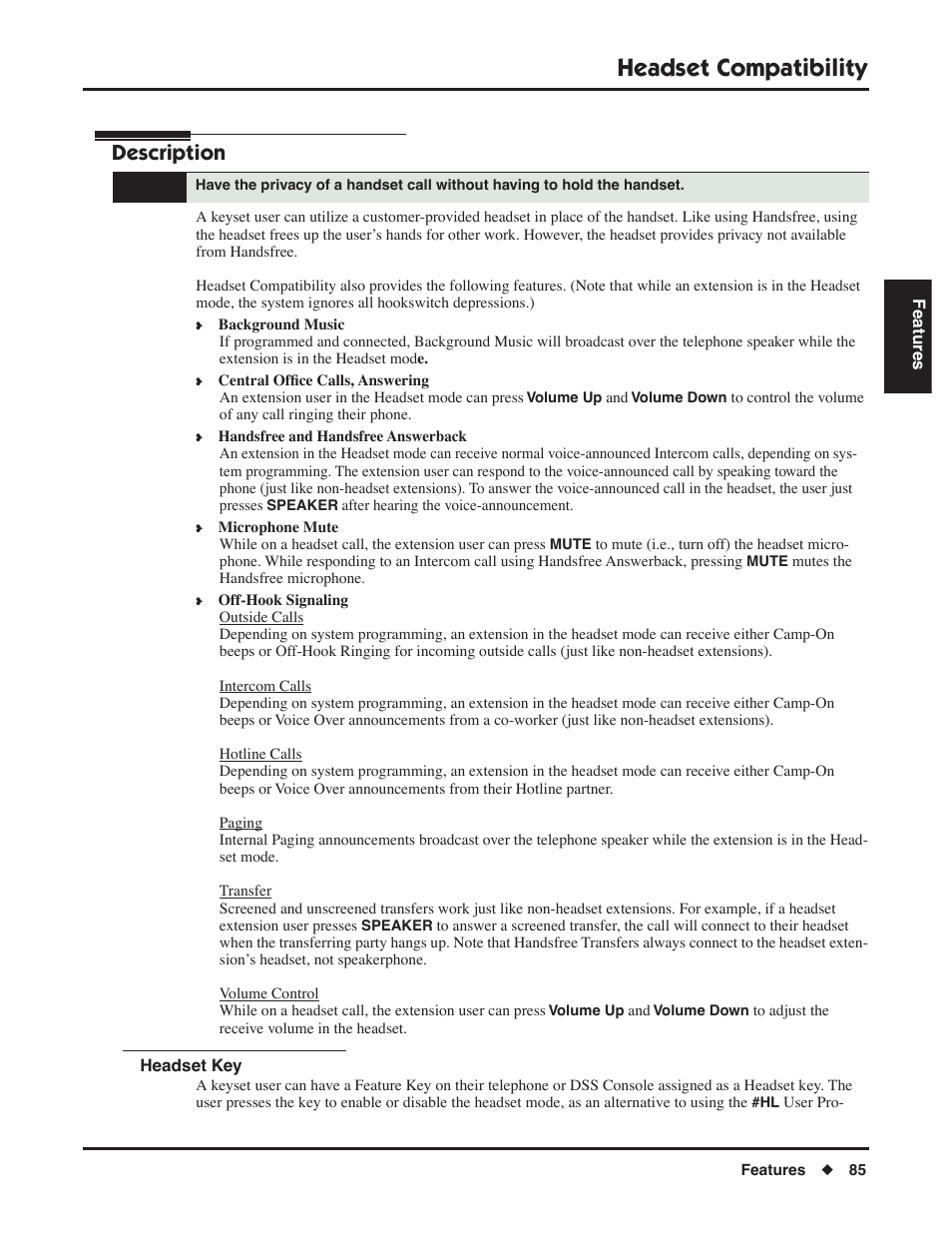 Headset compatibility, Headset key, Description | NEC P/N 1093099 User Manual | Page 93 / 190