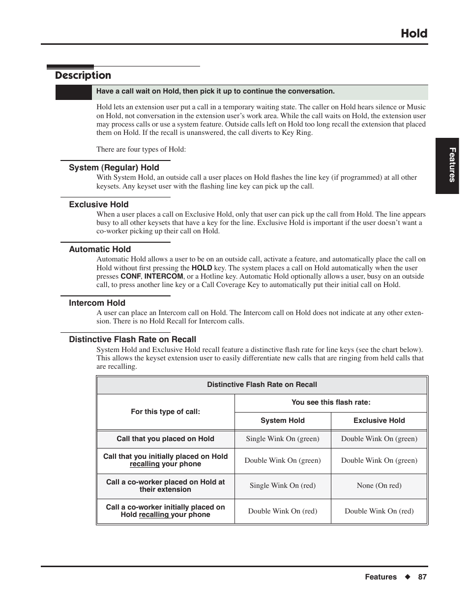 Hold, System (regular) hold, Exclusive hold | Automatic hold, Intercom hold, Distinctive flash rate on recall, Description | NEC P/N 1093099 User Manual | Page 95 / 190