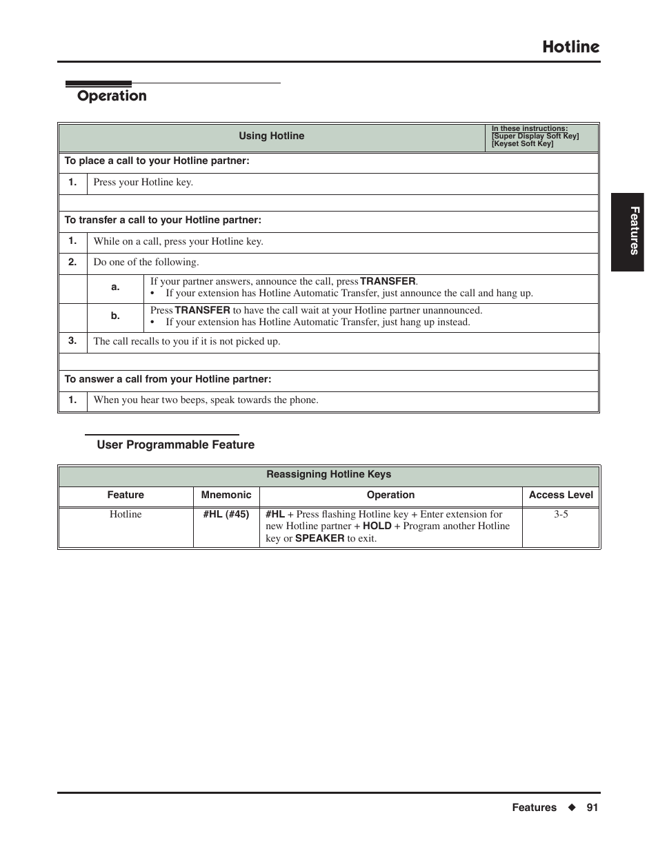 User programmable feature, Hotline, Operation | NEC P/N 1093099 User Manual | Page 99 / 190