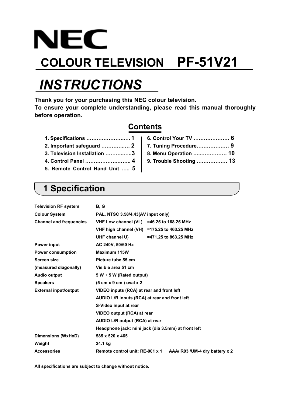 NEC PF-51V21 User Manual | 14 pages