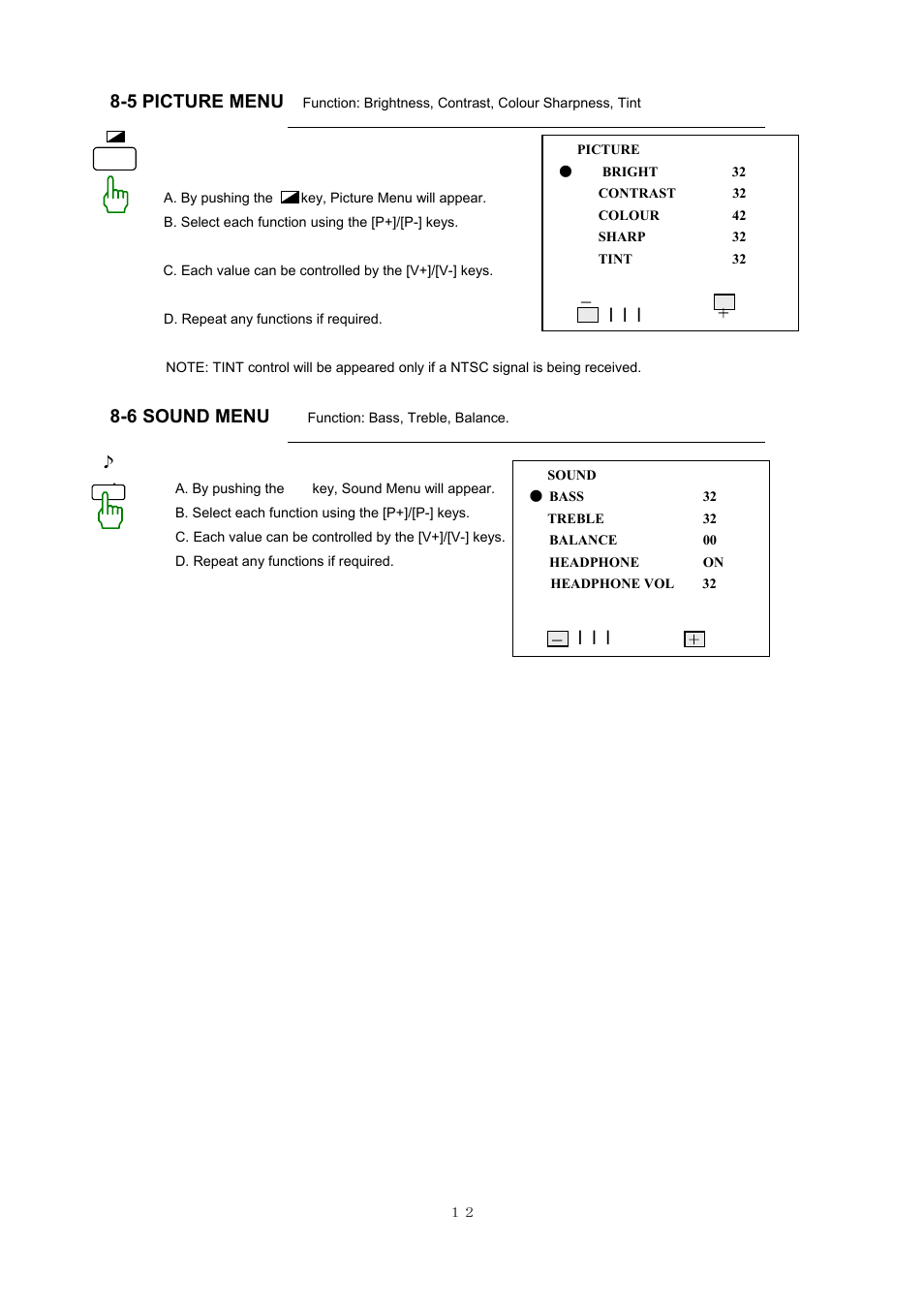 5 picture menu, 6 sound menu | NEC PF-51V21 User Manual | Page 12 / 14