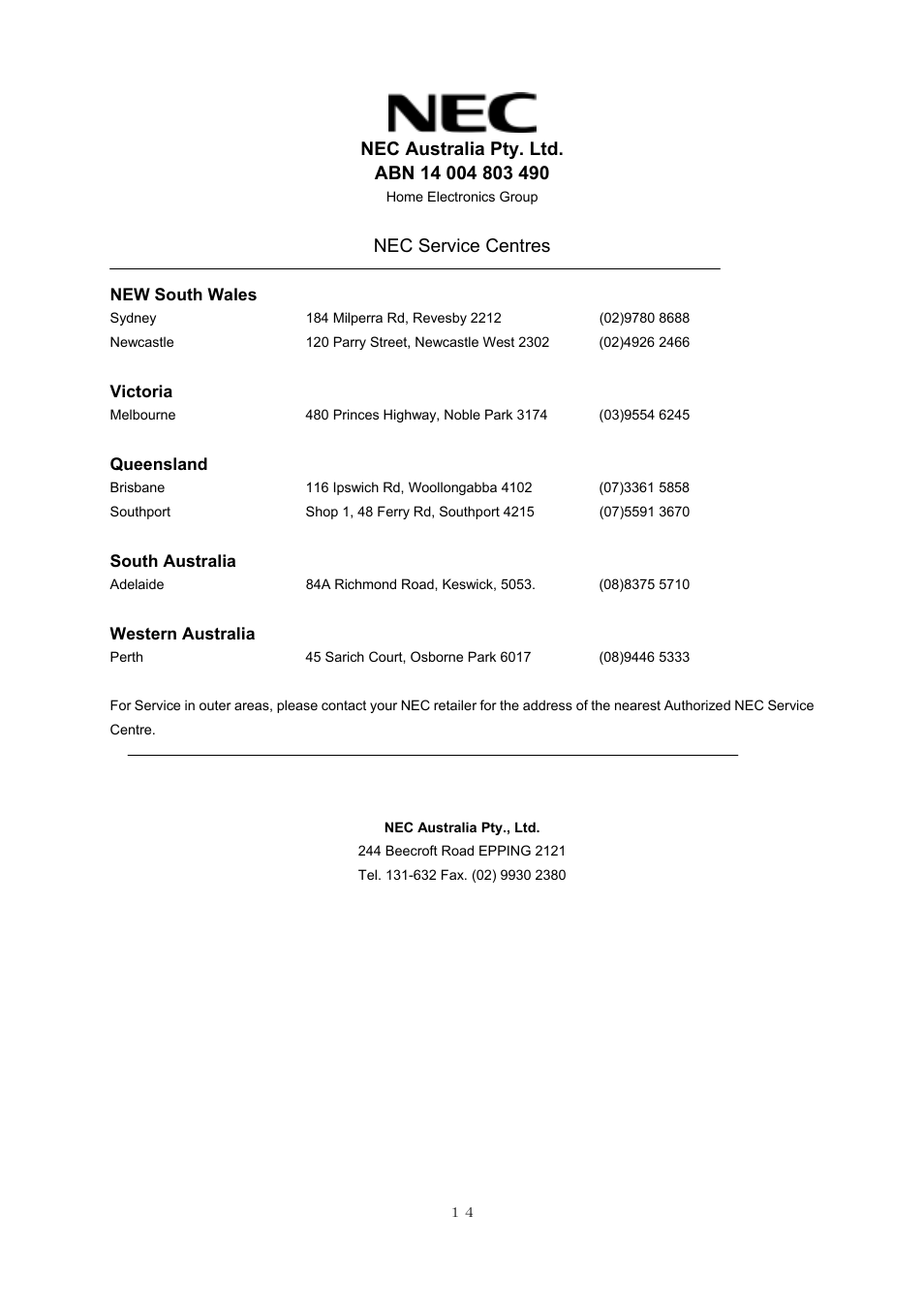 Nec service centres | NEC PF-51V21 User Manual | Page 14 / 14