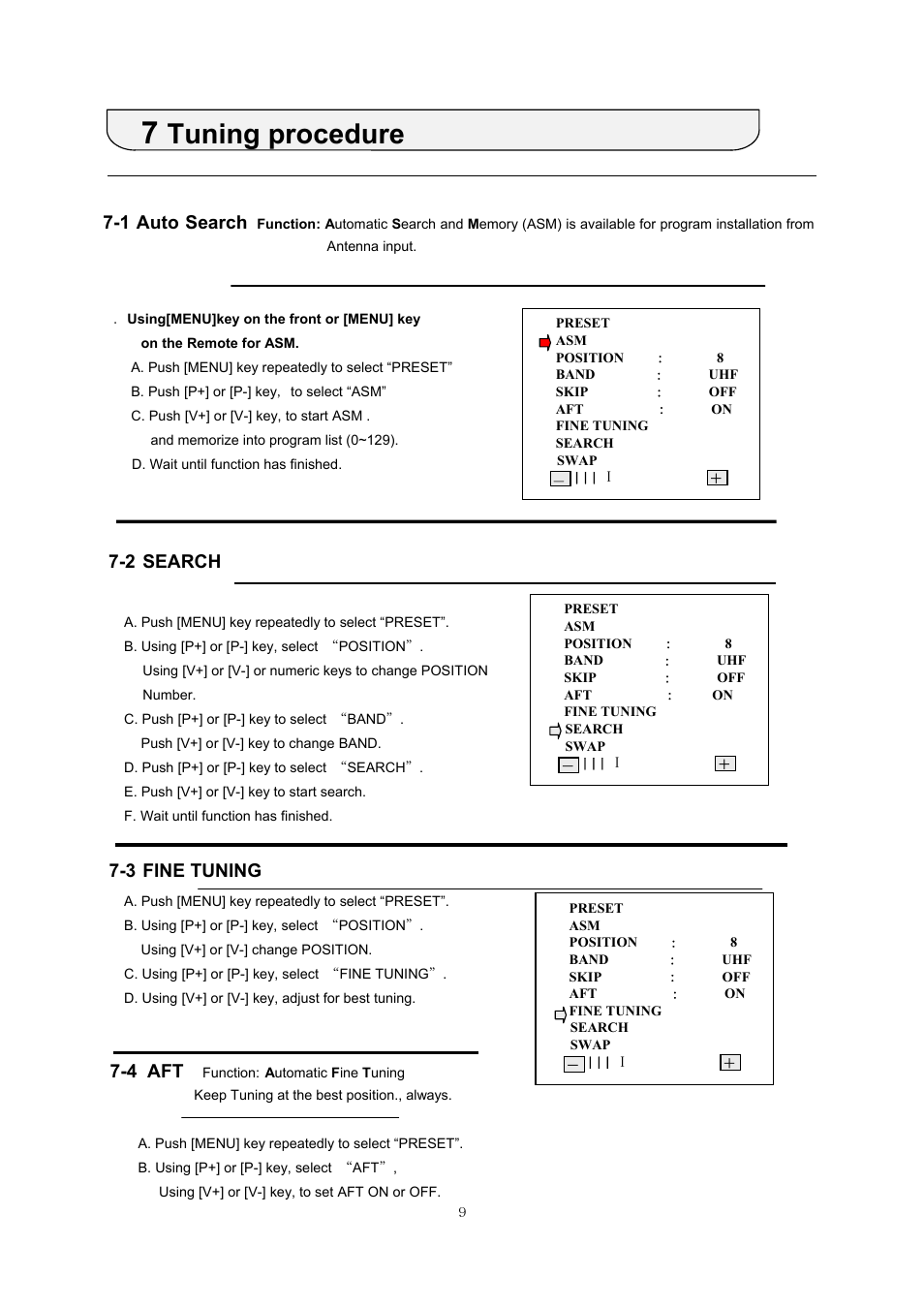 Tuning procedure, 1 auto search, 2 search | 3 fine tuning, 4 aft | NEC PF-51V21 User Manual | Page 9 / 14