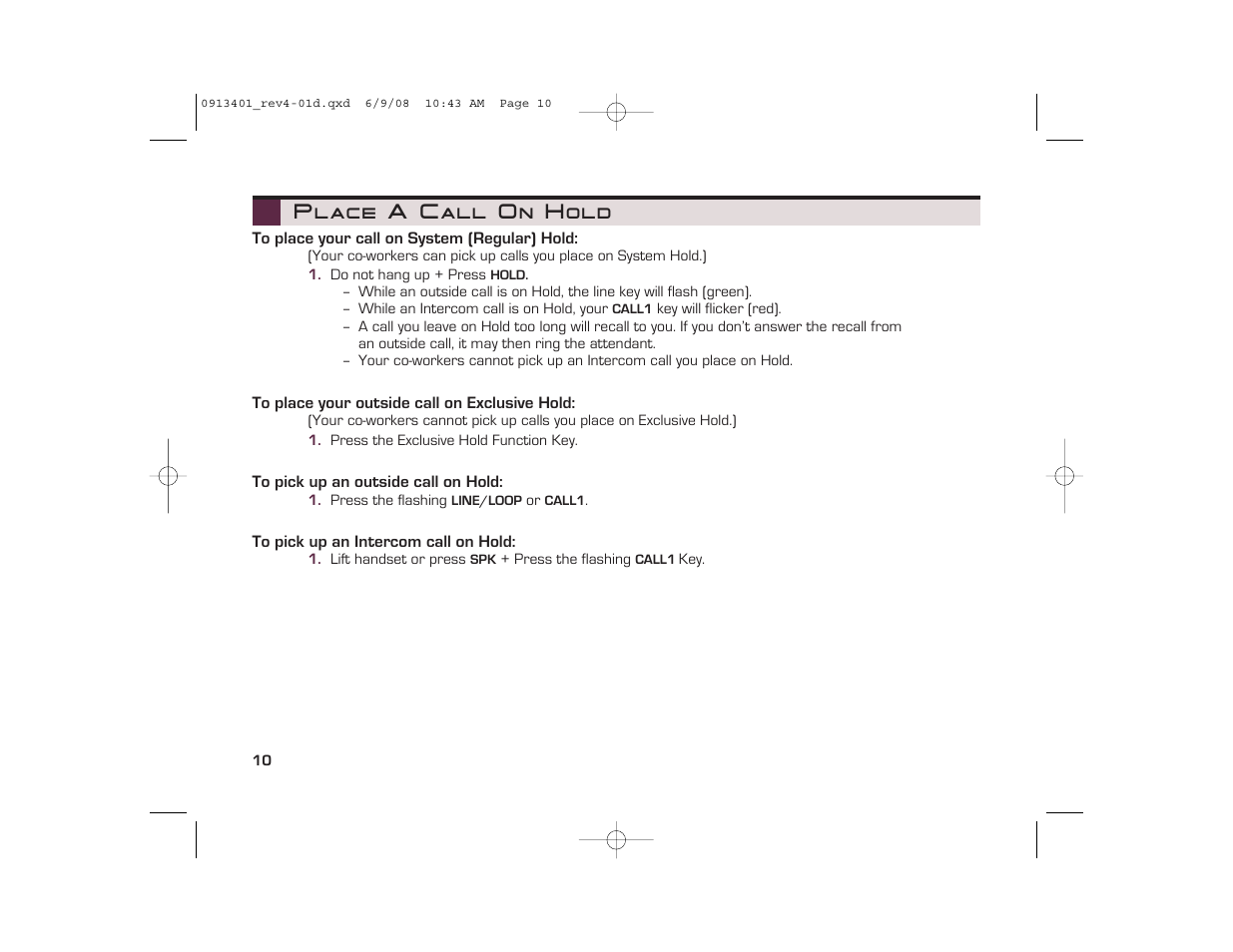 Place a call on hold | NEC UX5000 User Manual | Page 10 / 24