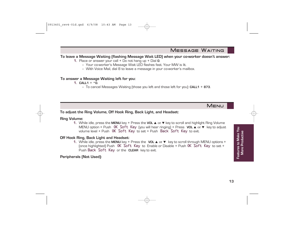 Menu, Message waiting | NEC UX5000 User Manual | Page 13 / 24