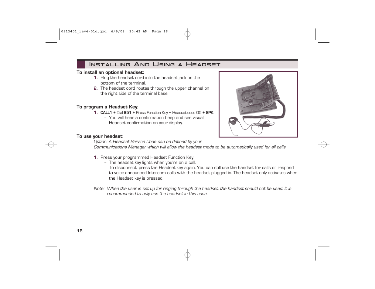 Installing and using a headset | NEC UX5000 User Manual | Page 16 / 24