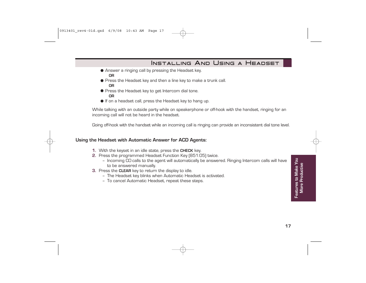 Installing and using a headset | NEC UX5000 User Manual | Page 17 / 24