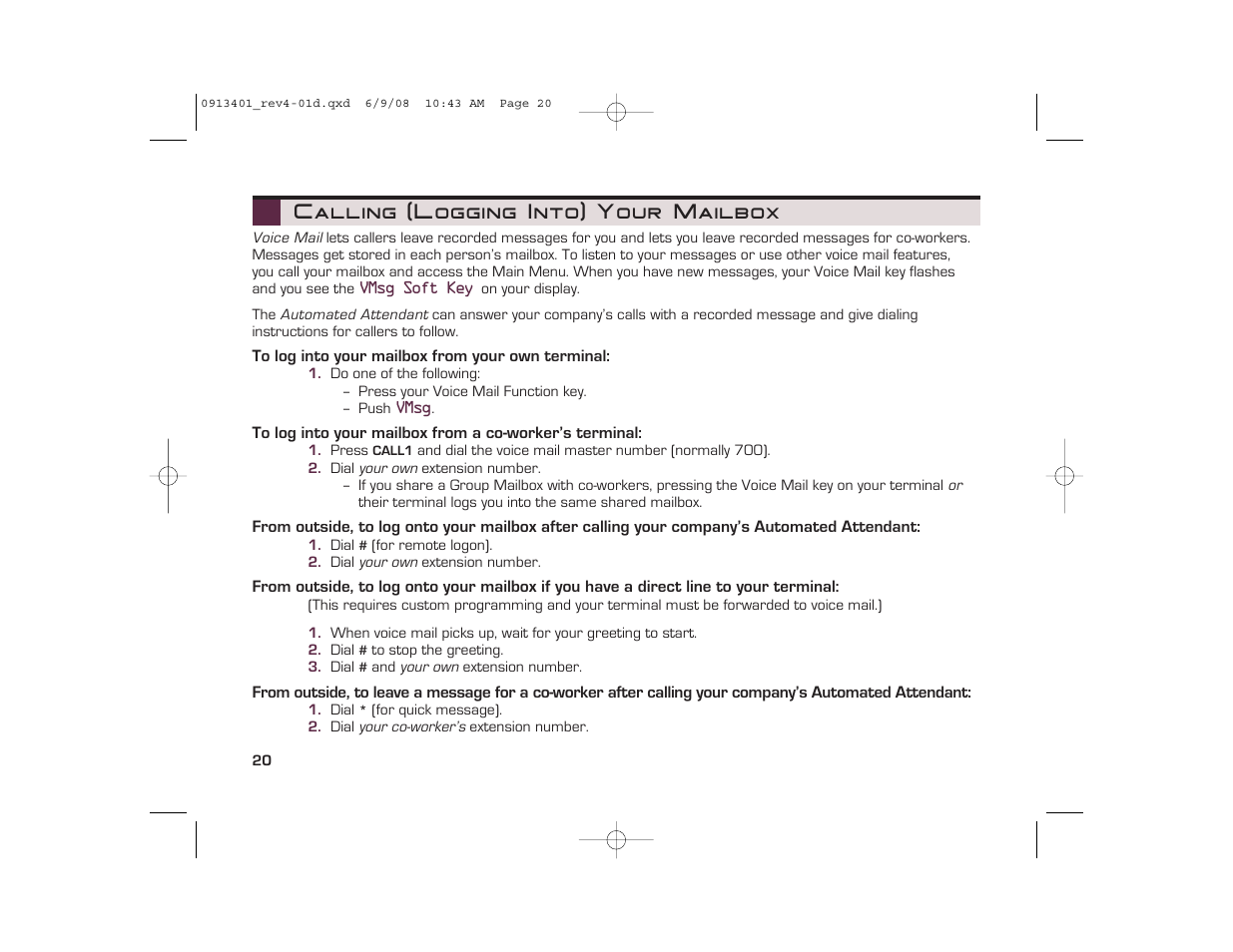 Calling (logging into) your mailbox | NEC UX5000 User Manual | Page 20 / 24