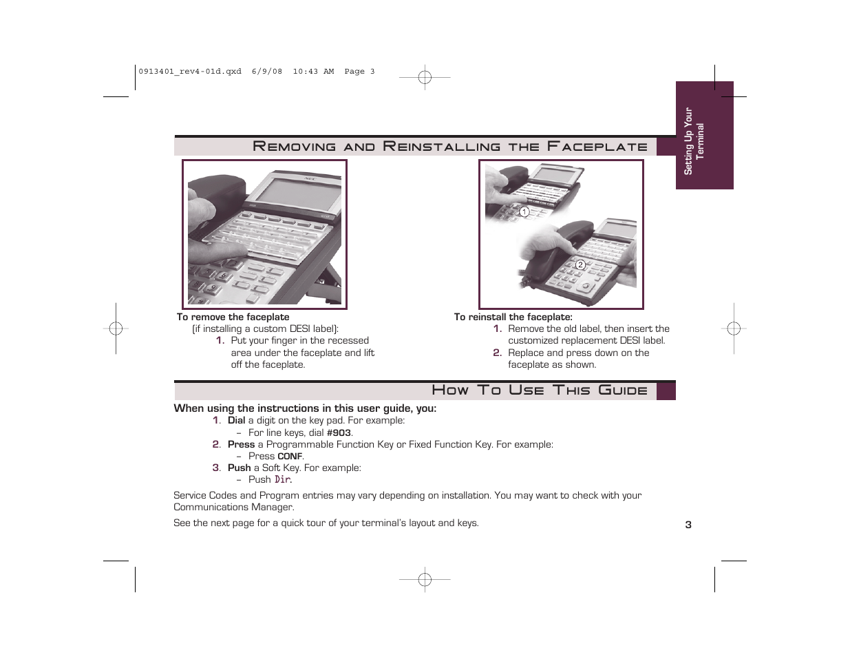 Removing and reinstalling the faceplate, How to use this guide | NEC UX5000 User Manual | Page 3 / 24