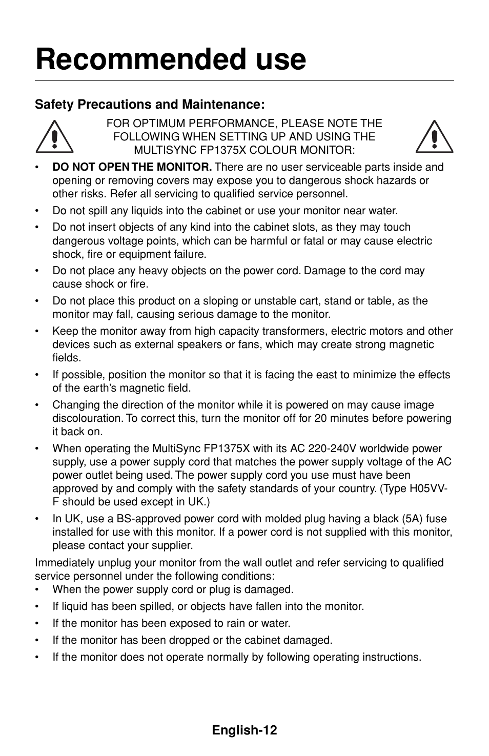 Recommended use | NEC FP1375X User Manual | Page 13 / 23