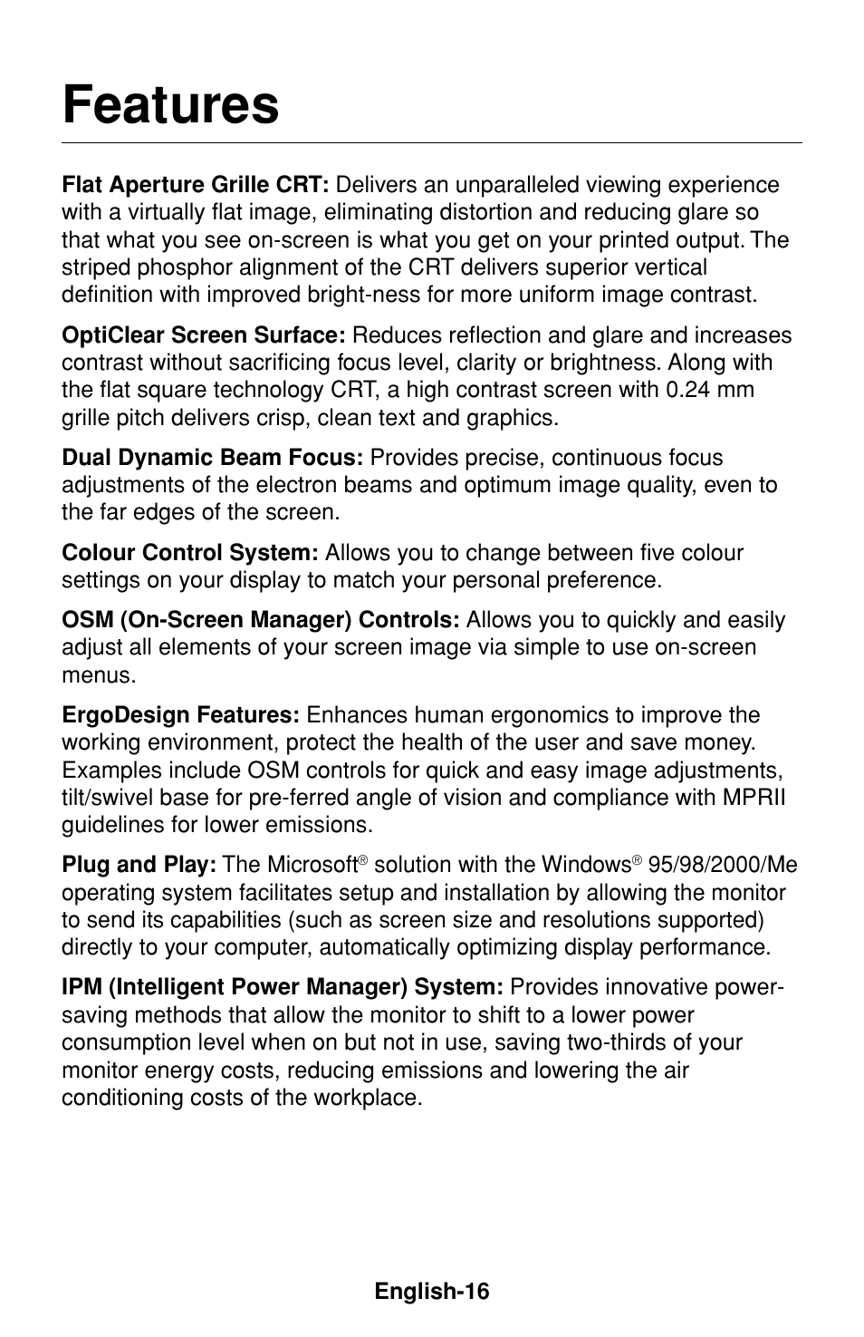 Features | NEC FP1375X User Manual | Page 17 / 23