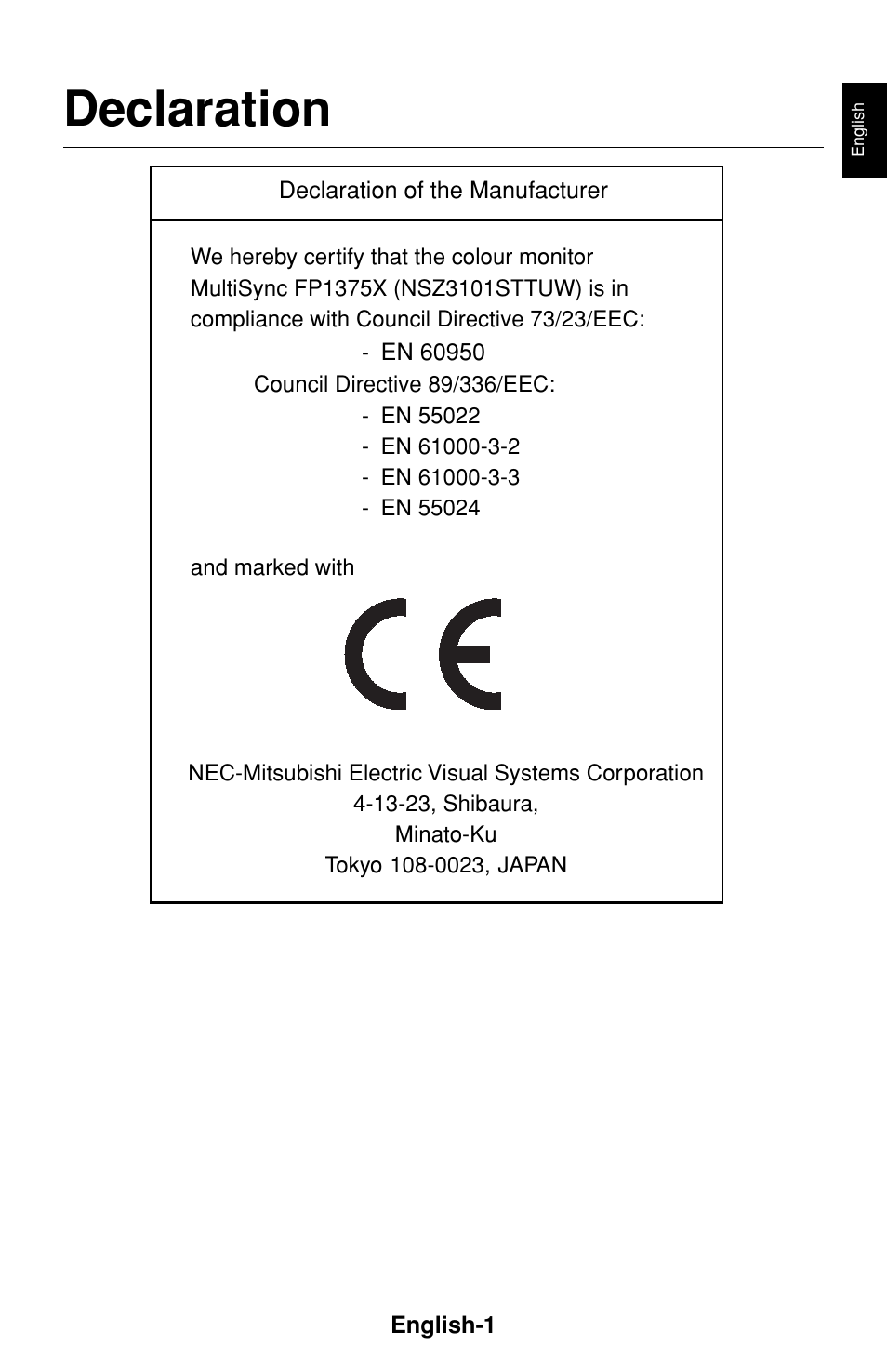 Declaration | NEC FP1375X User Manual | Page 2 / 23