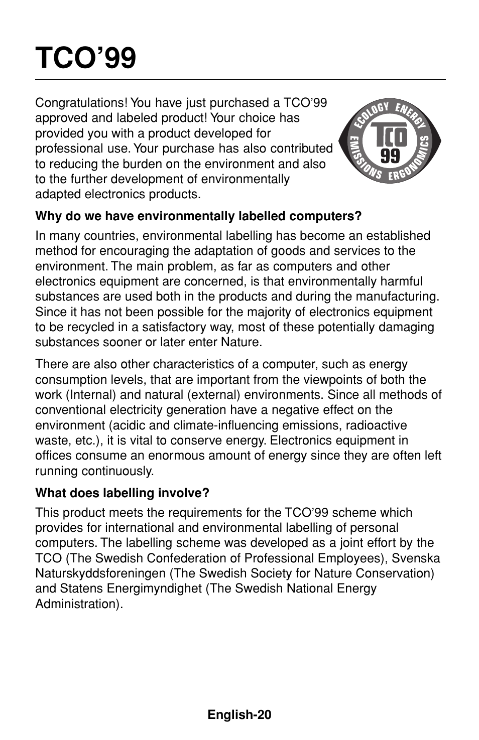 Tco’99 | NEC FP1375X User Manual | Page 21 / 23