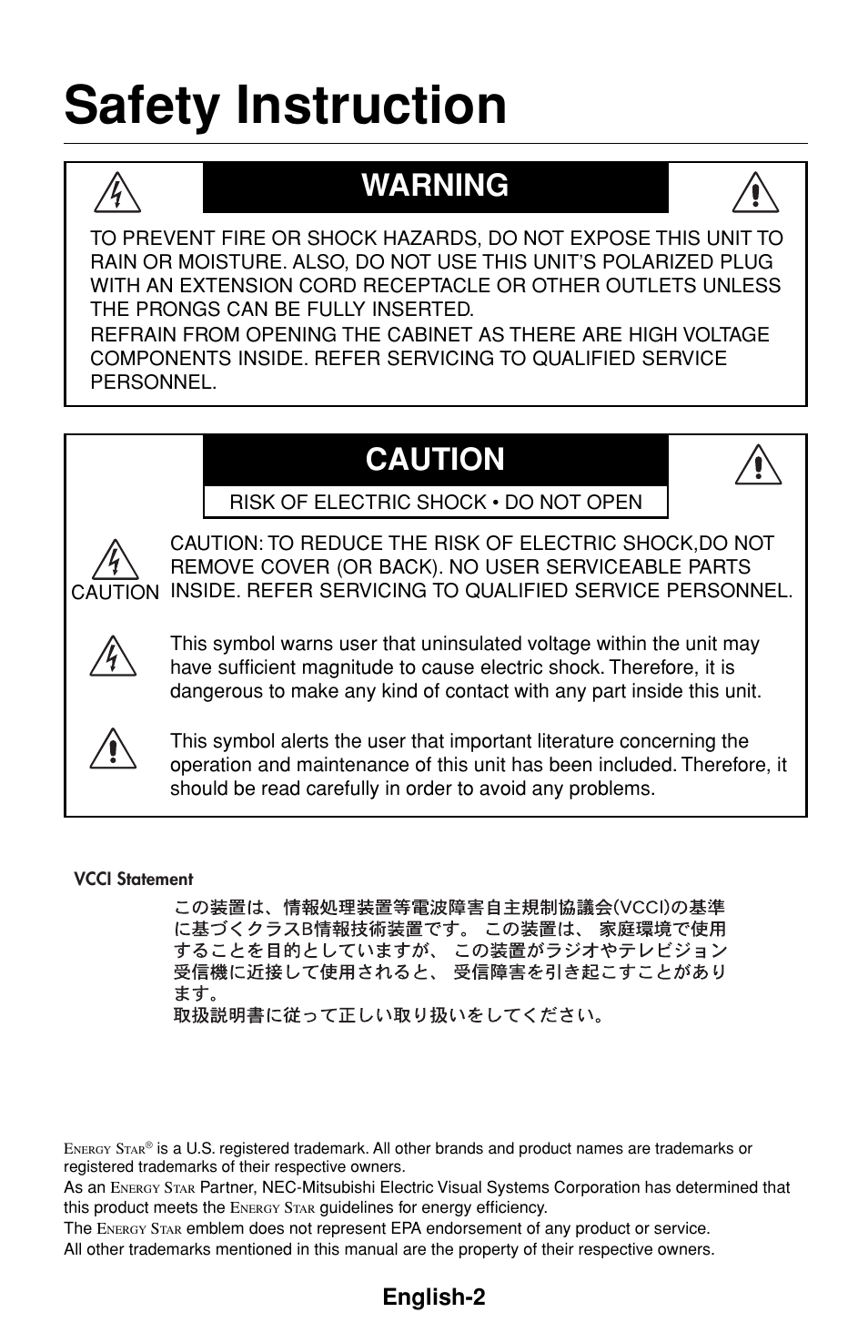 Safety instruction, Caution warning, English-2 | NEC FP1375X User Manual | Page 3 / 23