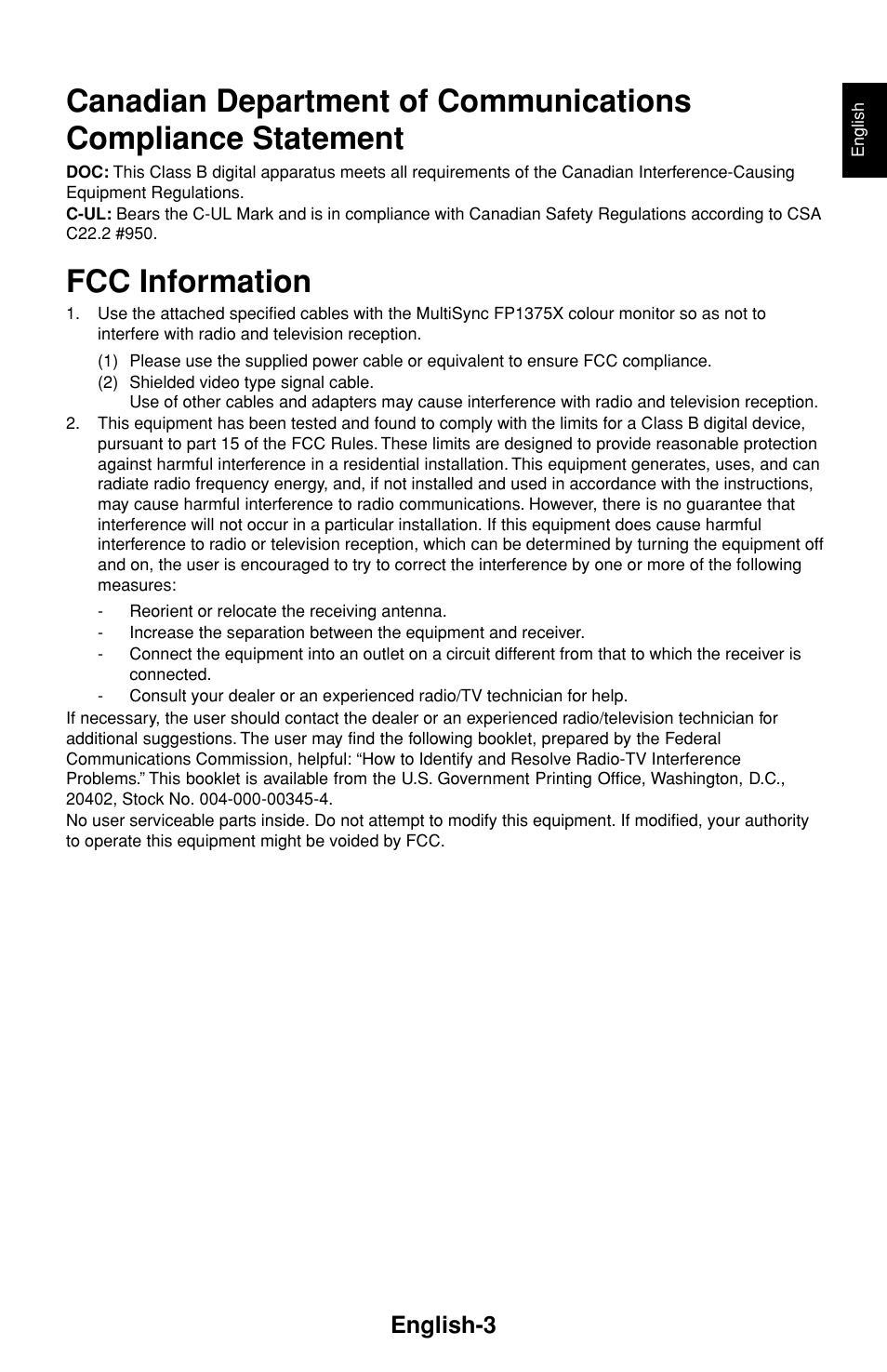 Fcc information, English-3 | NEC FP1375X User Manual | Page 4 / 23