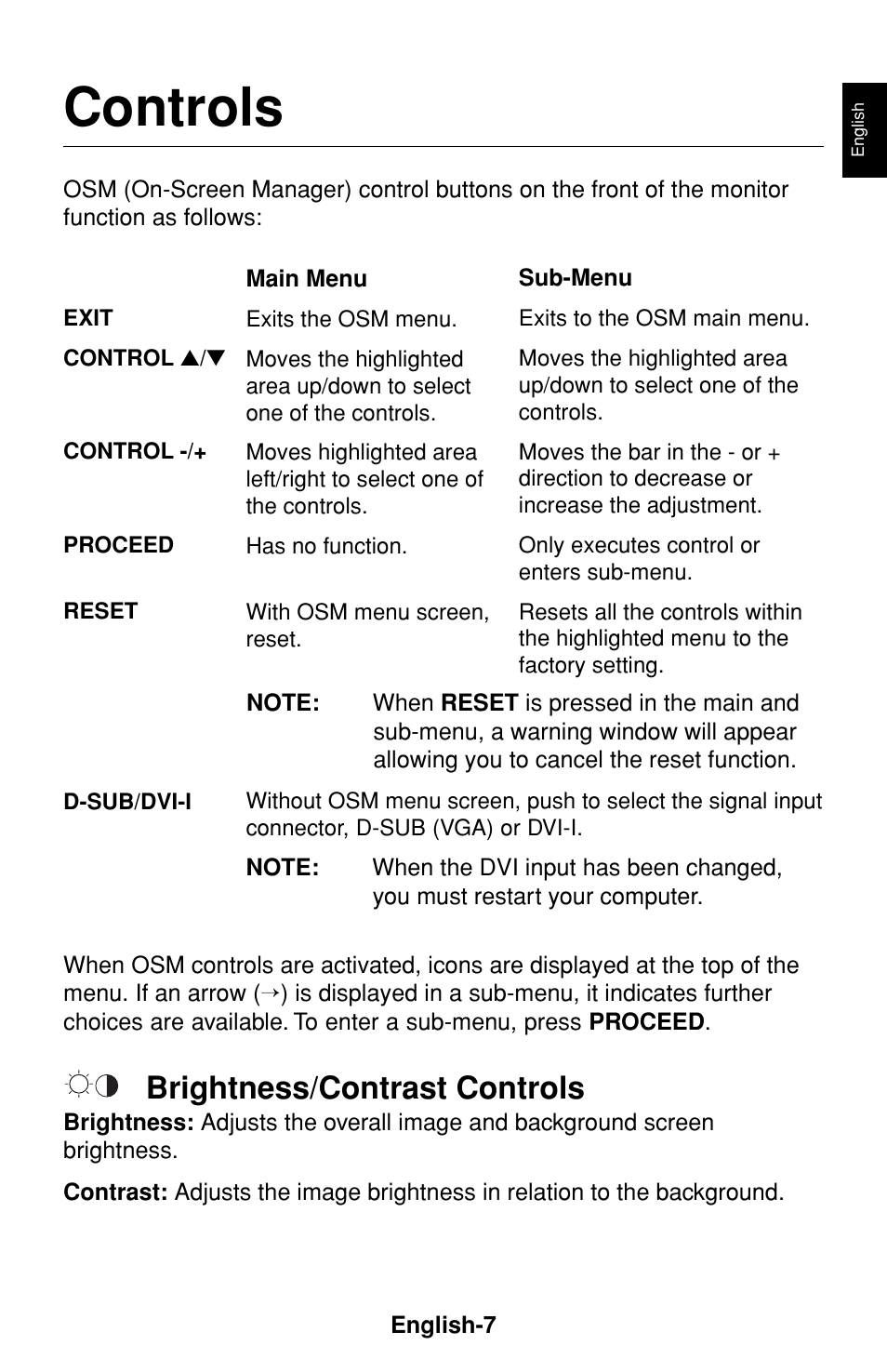 Controls, Brightness/contrast controls | NEC FP1375X User Manual | Page 8 / 23