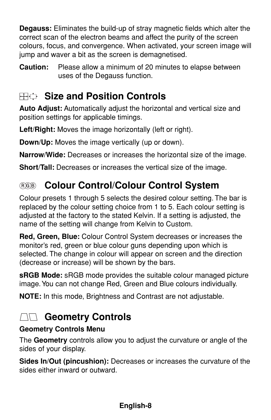 Size and position controls, Colour control/colour control system, Geometry controls | NEC FP1375X User Manual | Page 9 / 23