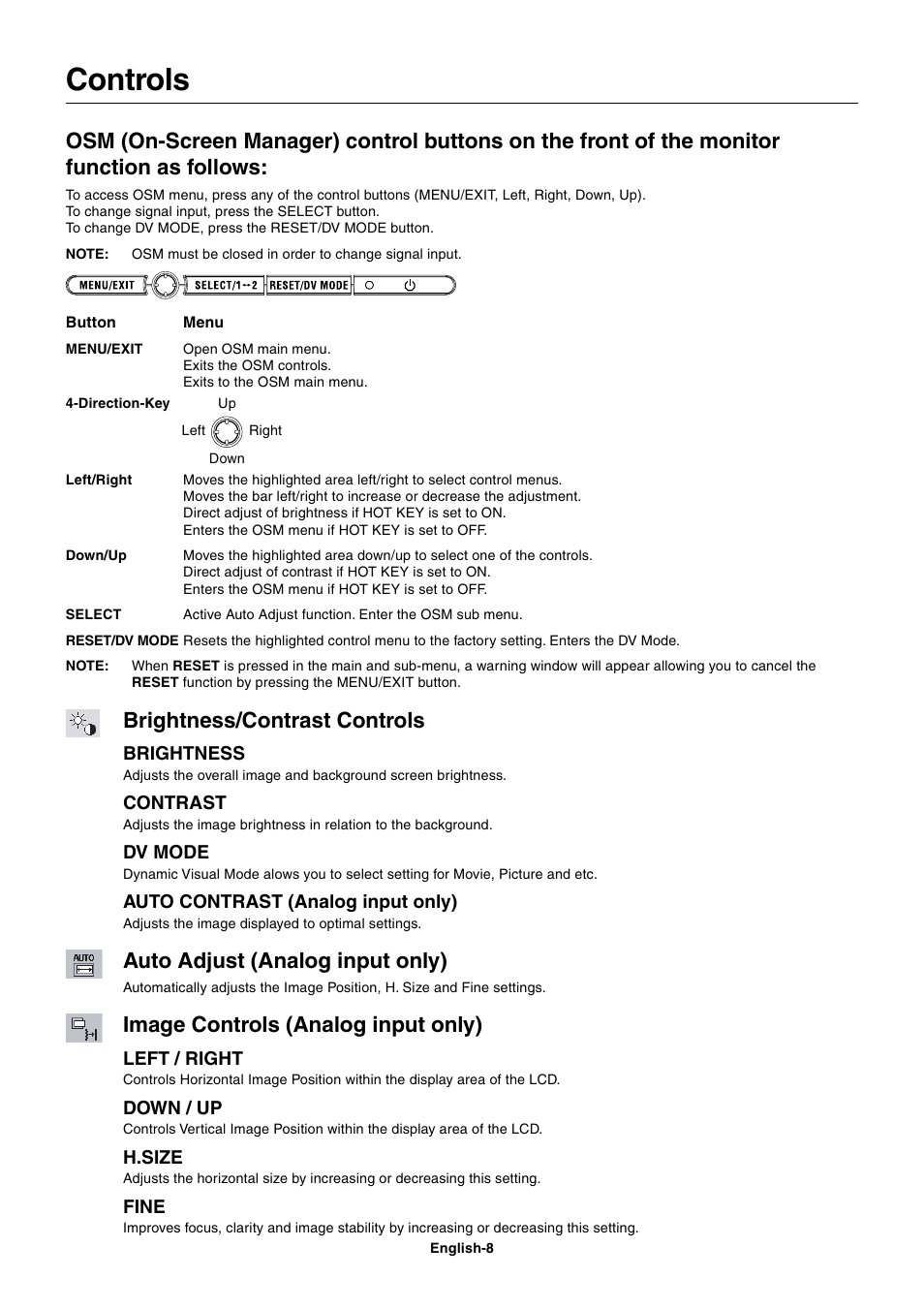 Controls, Brightness/contrast controls, Auto adjust (analog input only) | Image controls (analog input only) | NEC LCD1770GX User Manual | Page 10 / 18