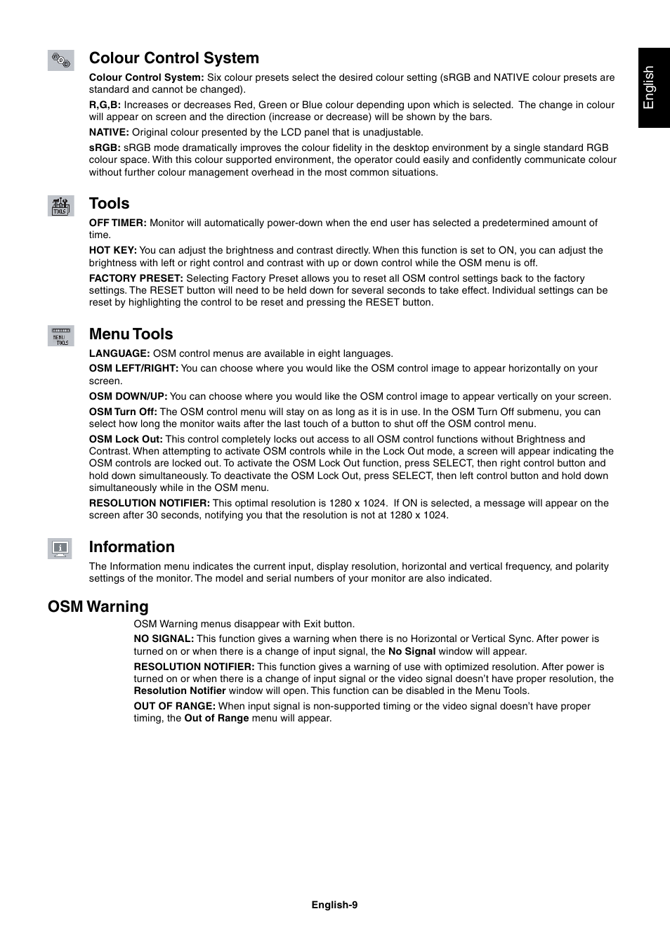 Colour control system, Tools, Menu tools | Information, Osm warning | NEC LCD1770GX User Manual | Page 11 / 18