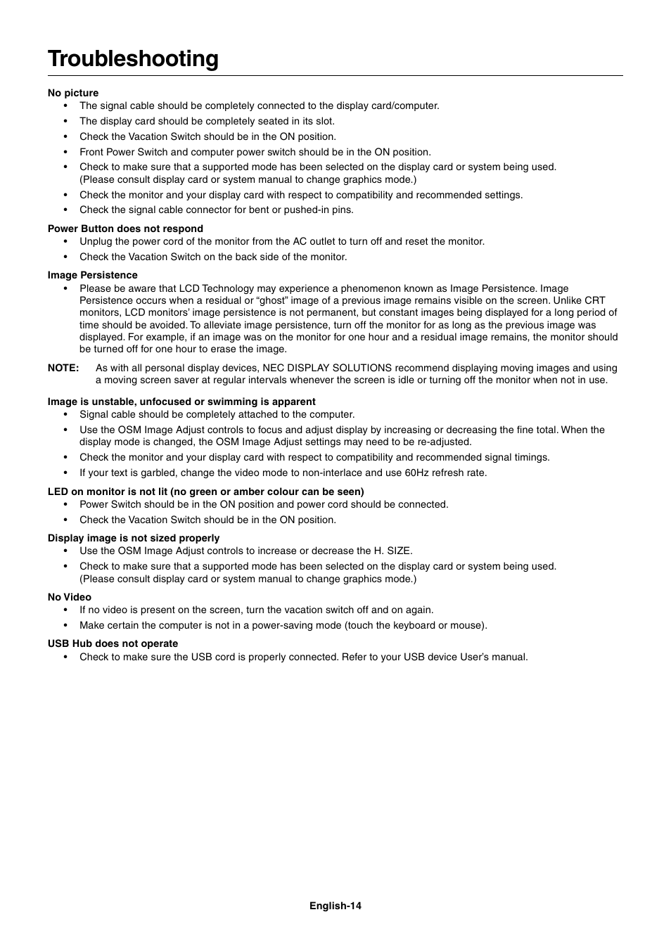 Troubleshooting | NEC LCD1770GX User Manual | Page 16 / 18