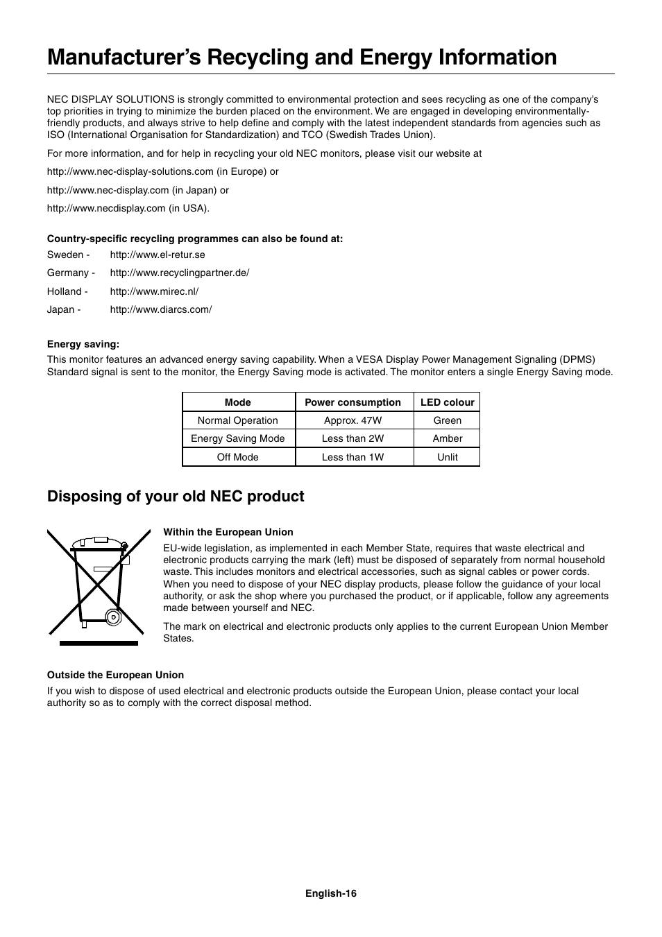 Manufacturer’s recycling and energy information, Disposing of your old nec product | NEC LCD1770GX User Manual | Page 18 / 18