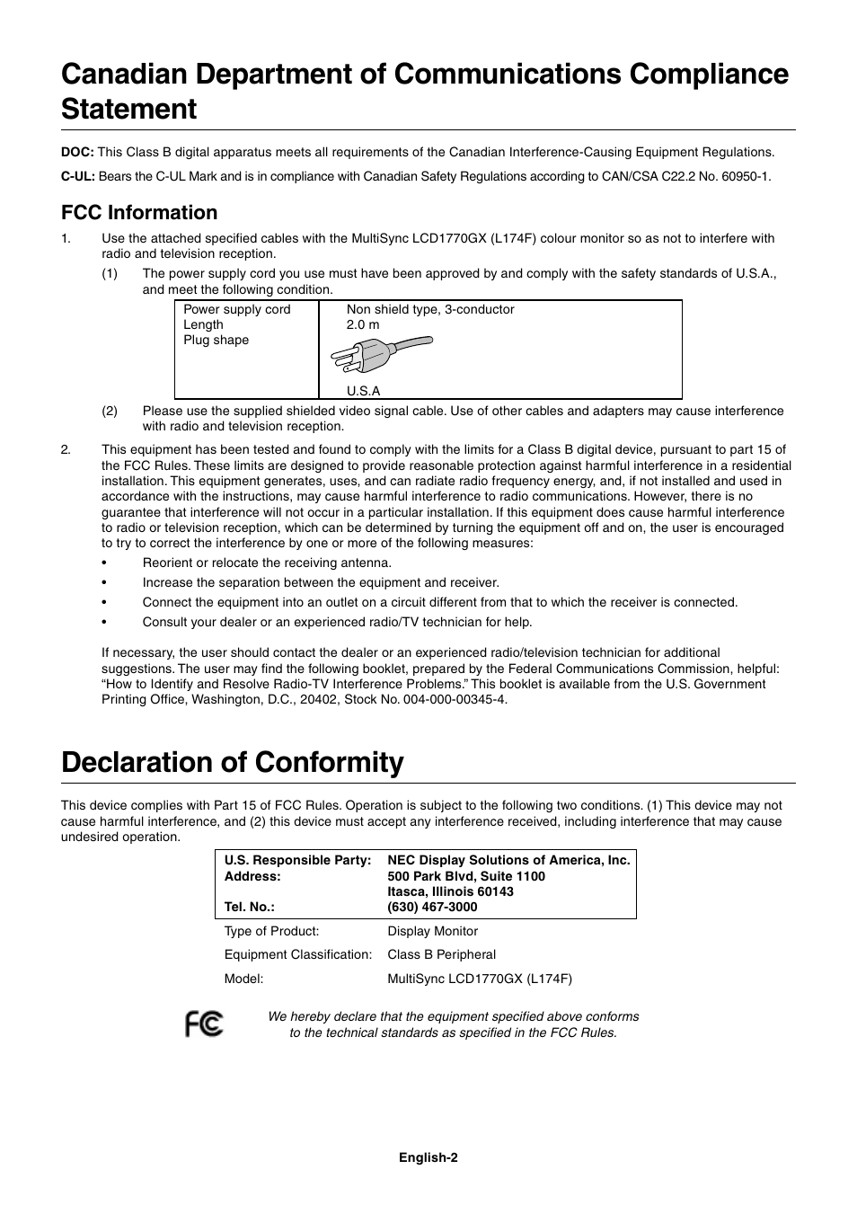 Declaration of conformity, Fcc information | NEC LCD1770GX User Manual | Page 4 / 18