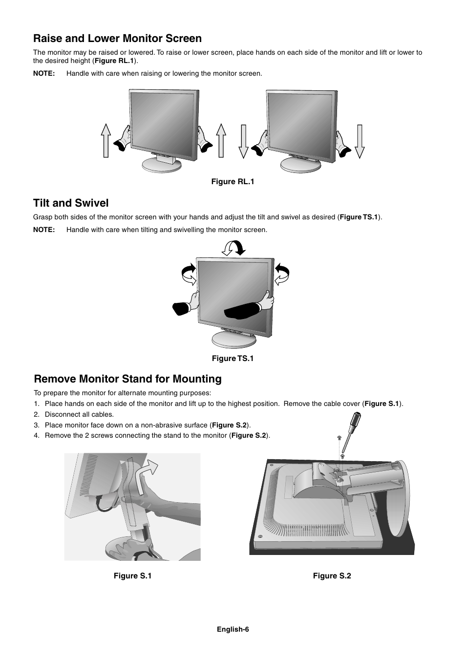 Remove monitor stand for mounting, Raise and lower monitor screen, Tilt and swivel | NEC LCD1770GX User Manual | Page 8 / 18