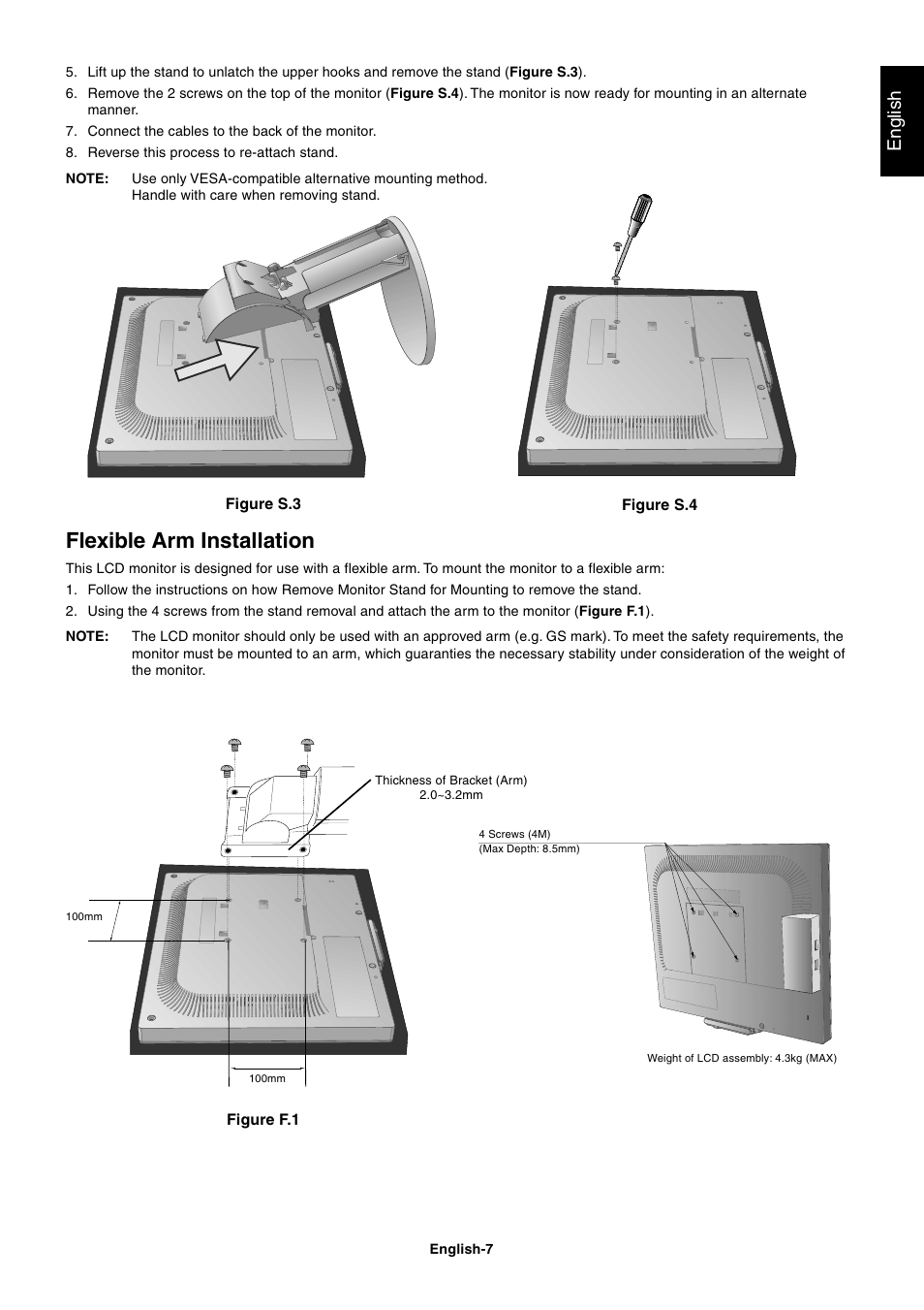 Flexible arm installation, English | NEC LCD1770GX User Manual | Page 9 / 18