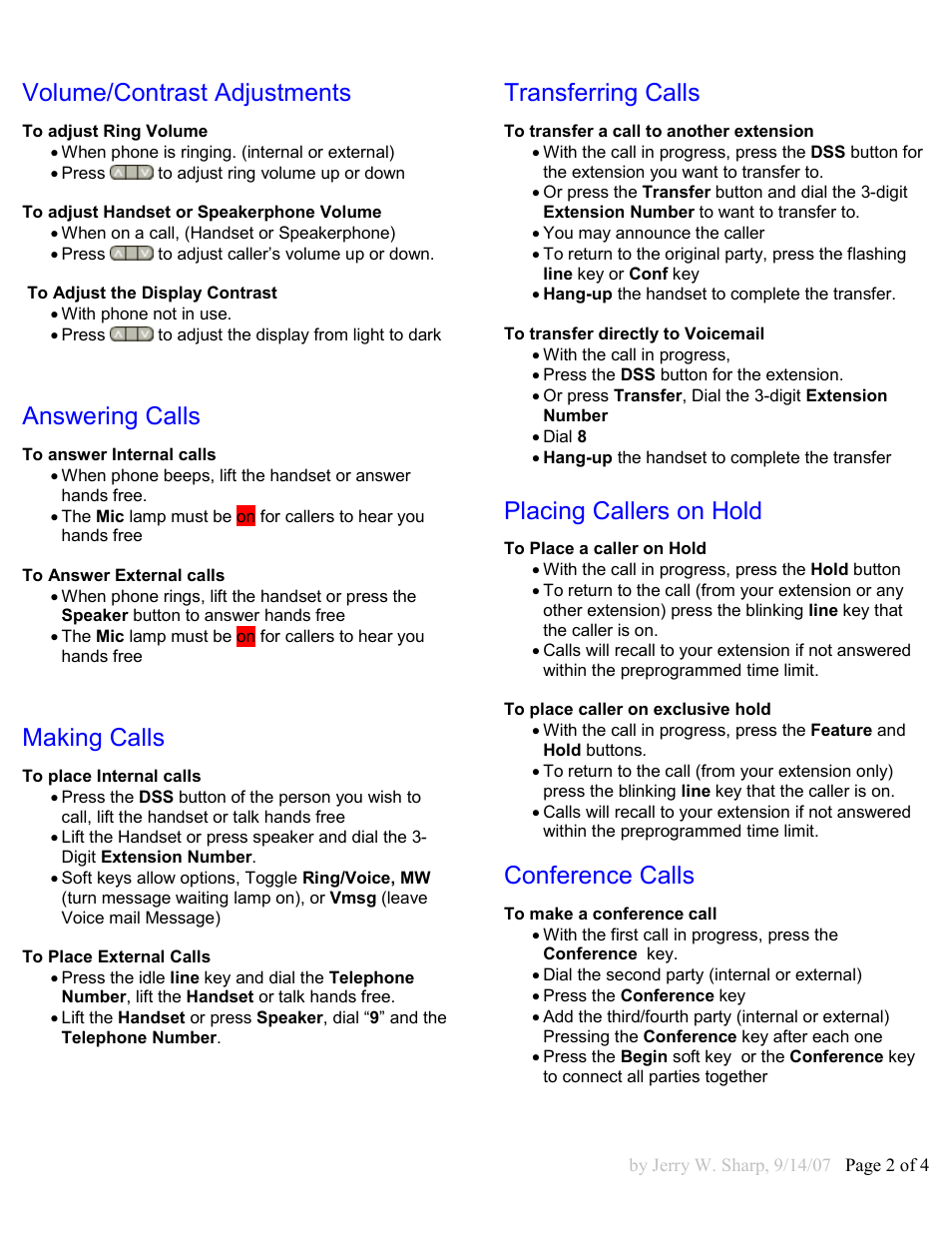 Volume/contrast adjustments, Answering calls, Making calls | Transferring calls, Placing callers on hold, Conference calls | NEC 16D and 8D User Manual | Page 2 / 4