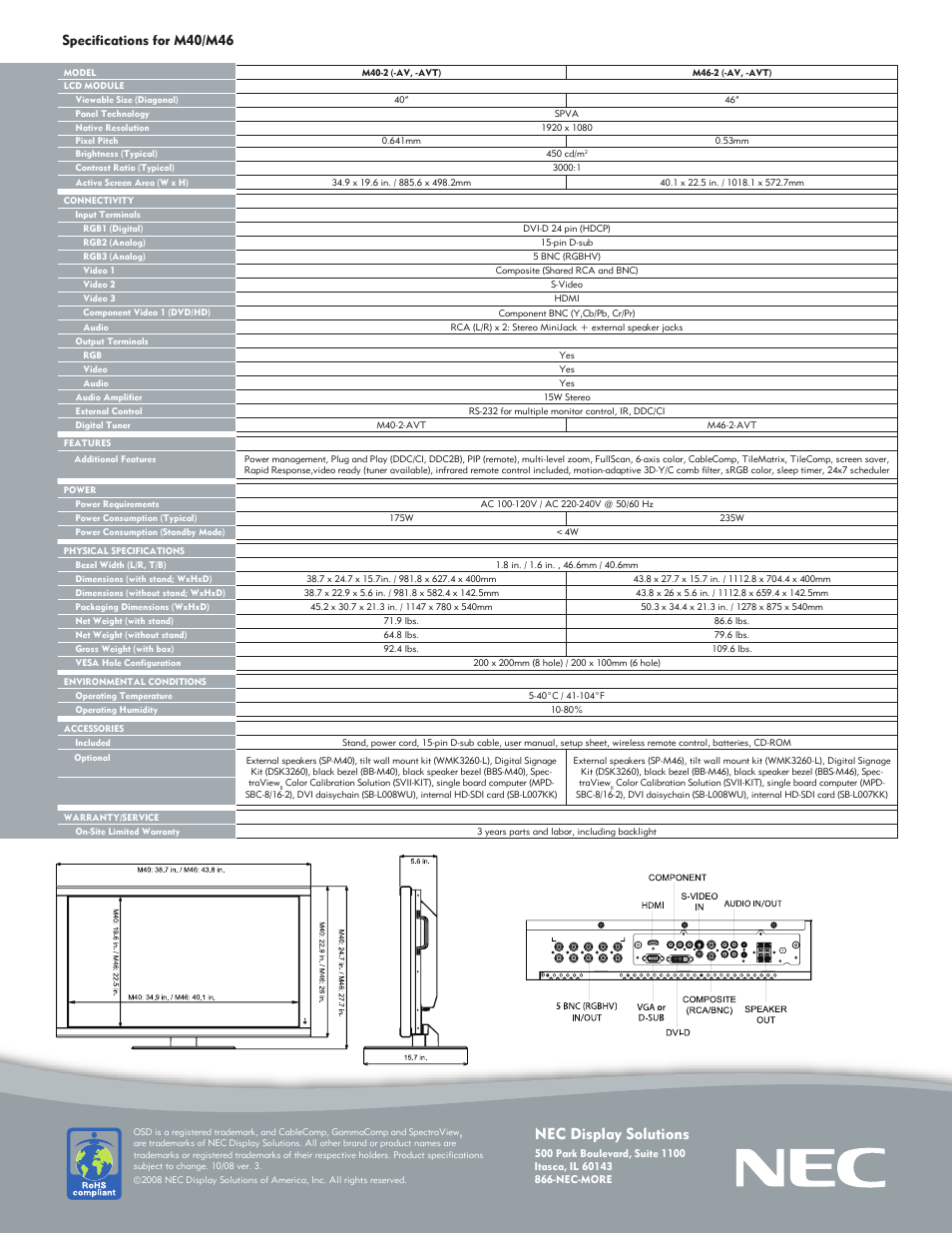 Nec display solutions, Specifications for m40/m46 | NEC M40-2-AV User Manual | Page 2 / 2