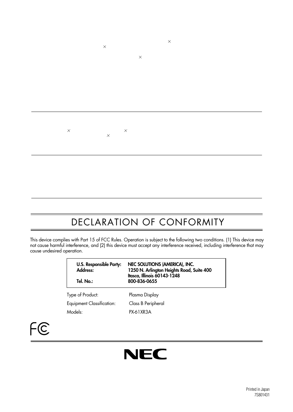 Declaration of conformity | NEC PX-61XR3A User Manual | Page 8 / 8